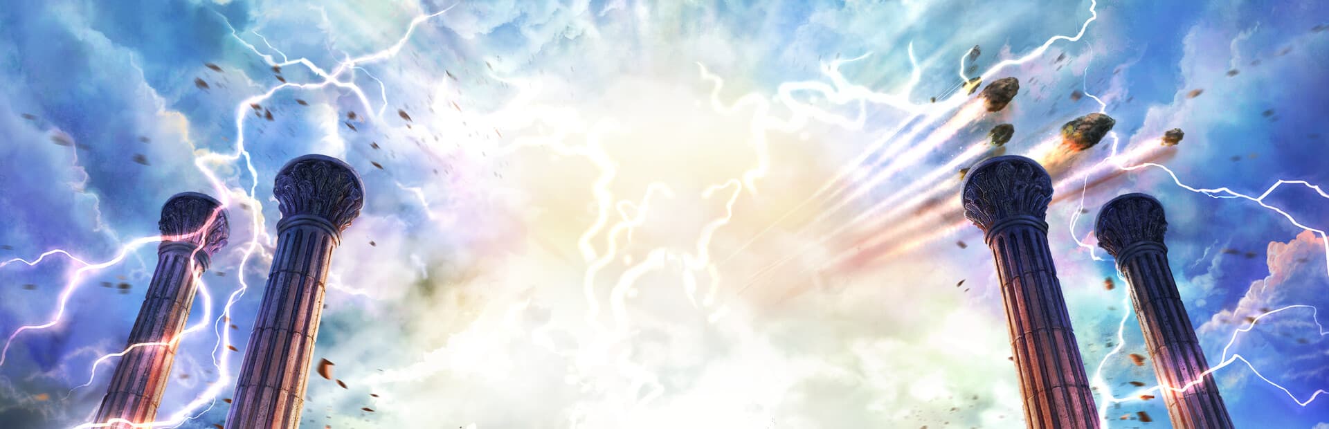 Lightning and blazing meteors above ancient columns in Age of Mythology Retold