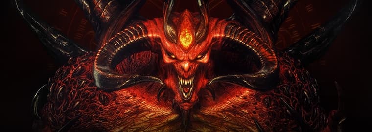 Diablo crowned with curved horns and glowing fire in Diablo II Resurrected artwork