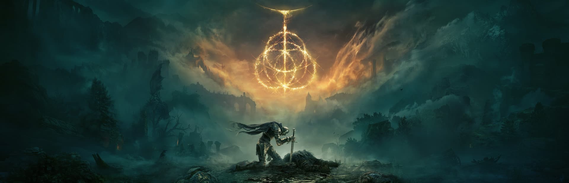 A Tarnished warrior beneath the glowing Elden Ring in the misty Lands Between