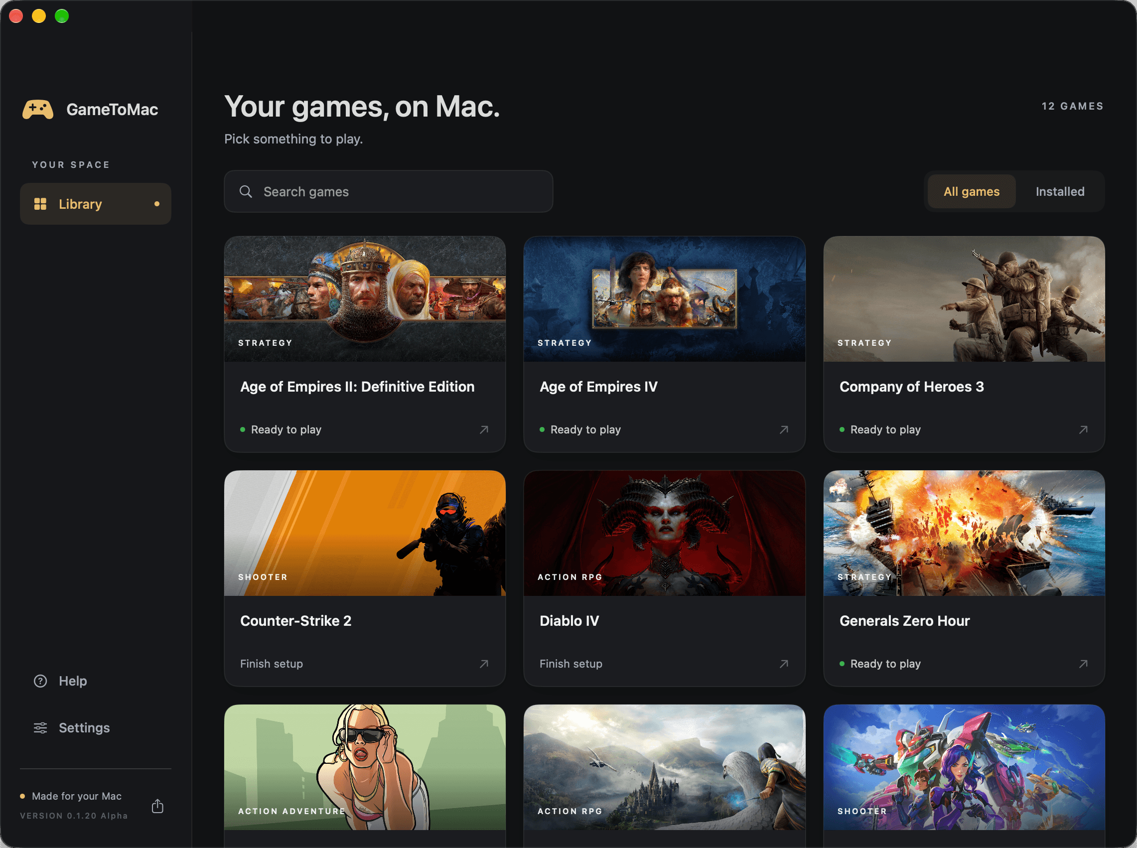 GameToMac app library showing a grid of supported Windows games, search, and installed-game filters.