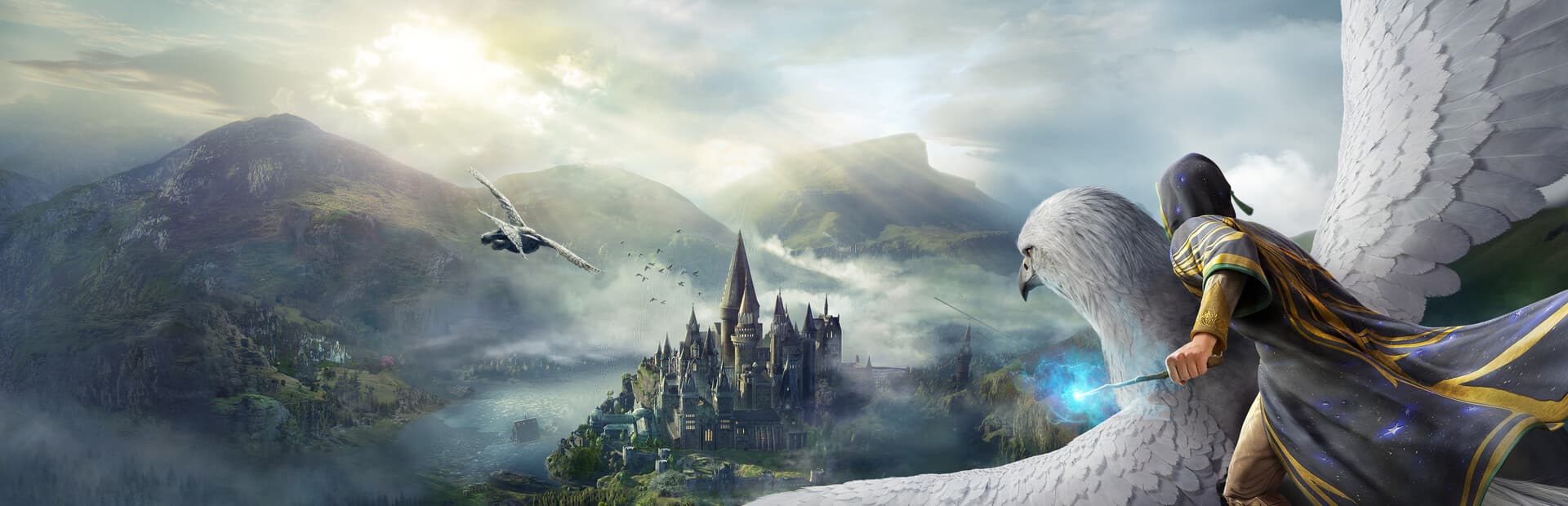 Hogwarts castle in the mist with a rider soaring past on a white hippogriff