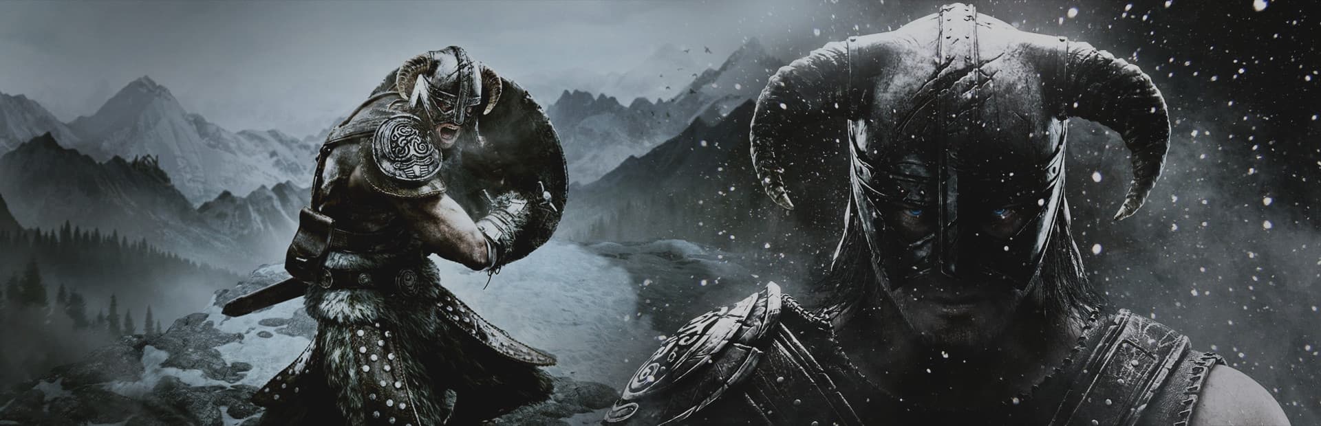 The Dragonborn in horned armor against Skyrim’s snowy mountains